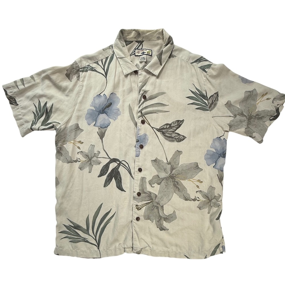 Caribbean Joe Mens Large 100% Silk Floral Aloha Shirt Blue Grey Tan Short Sleeve